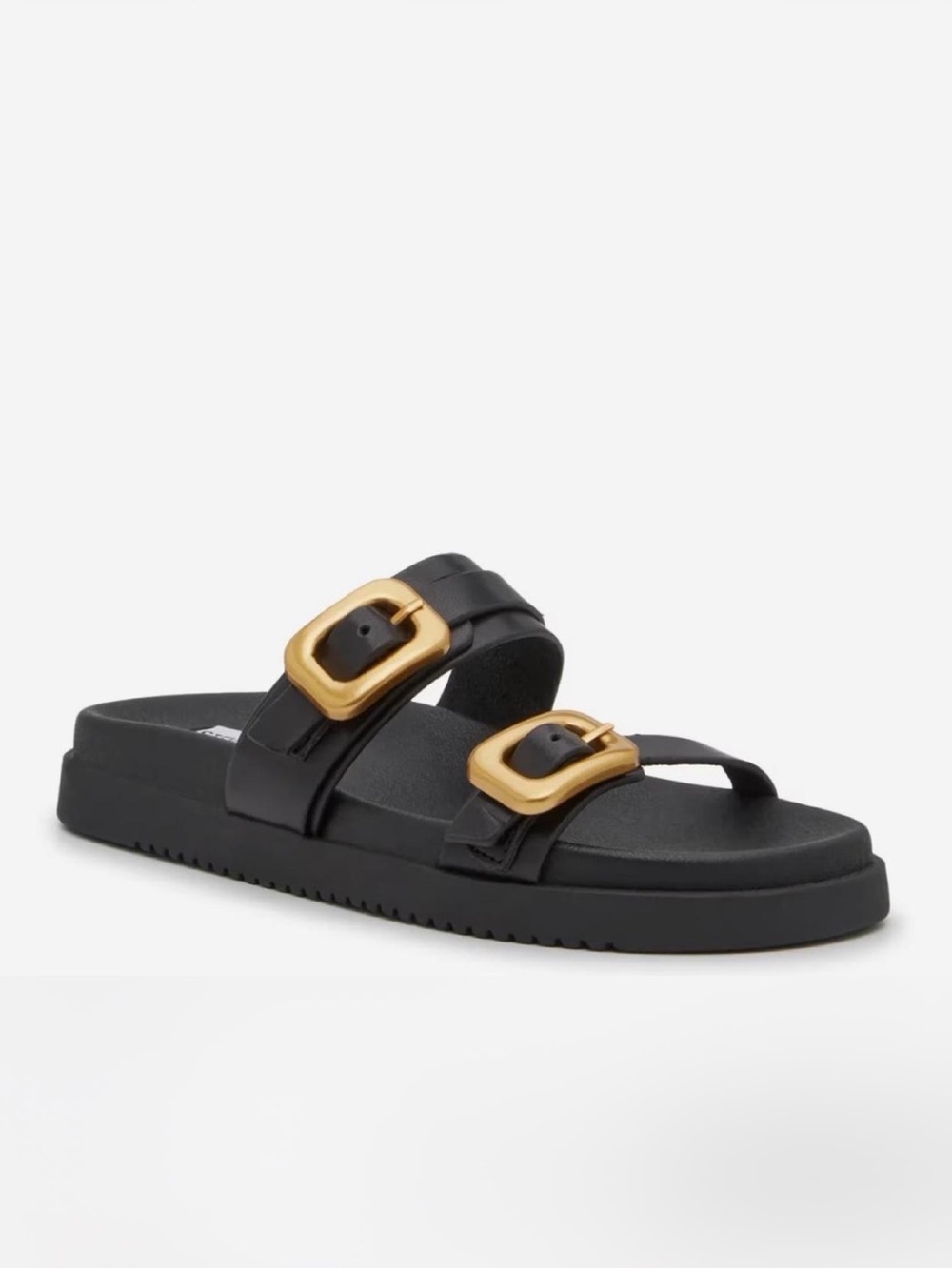 Steve Madden Black Slide Leather Sandals with Gold Buckles